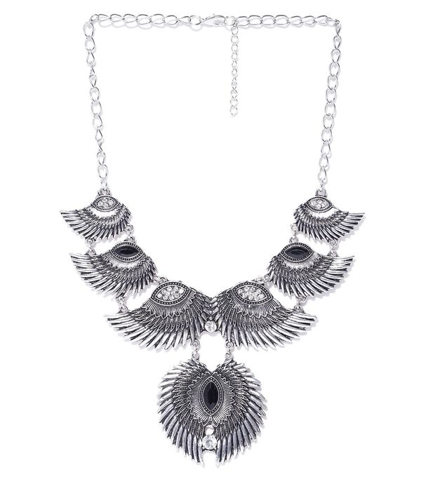 YouBella Oxidised Silver-Plated Stone-Studded Textured Necklace